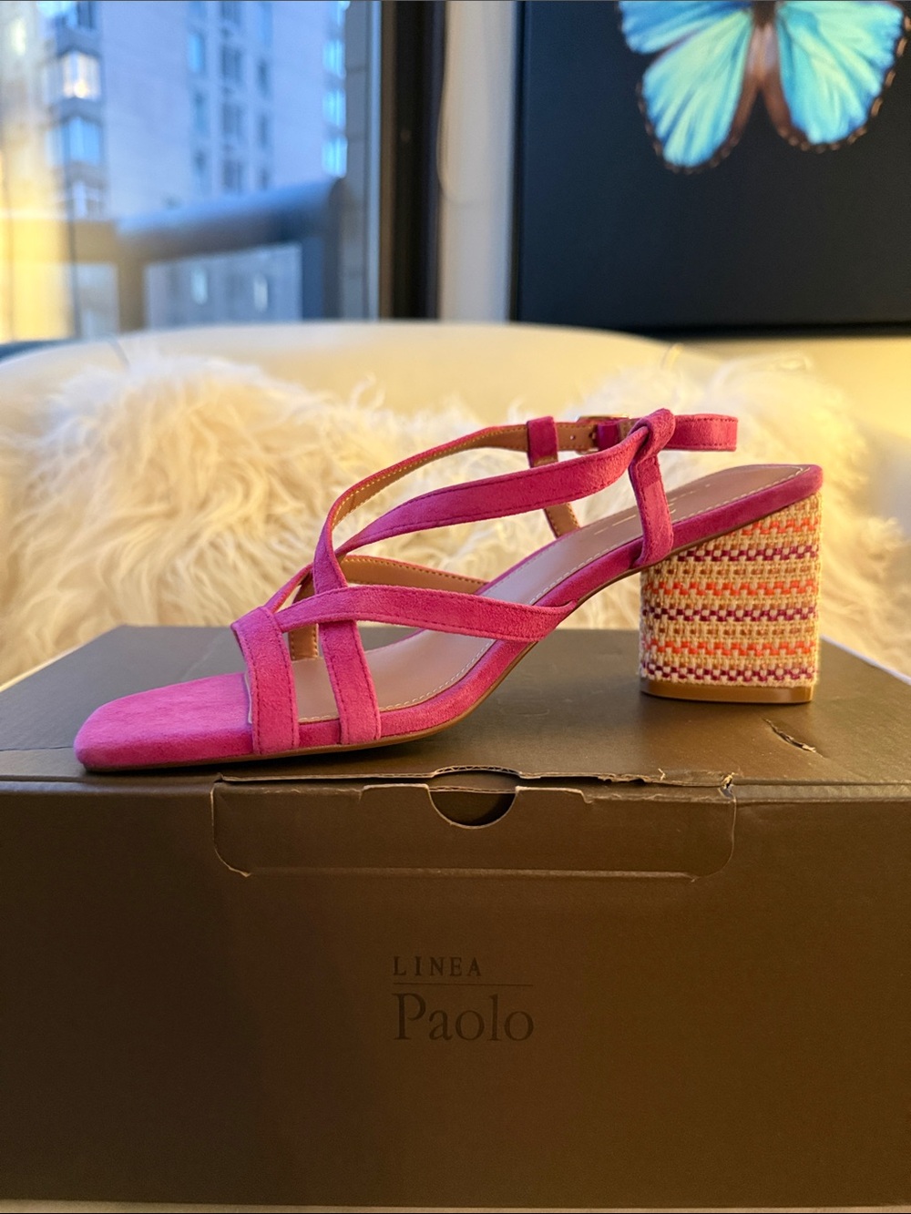 New, Ret. $140, Linea Paolo Hazel Fuchsia Suede Block Heel Sandals Size 6.5